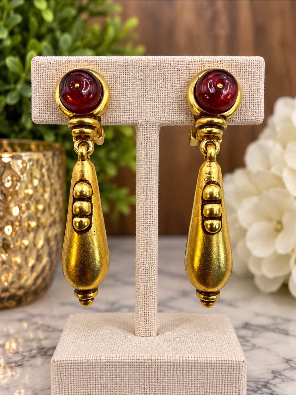 BEN AMUN GOLD AMBER BEAD CLIP ON DANGLE EARRINGS DESIGNER STATEMENT
